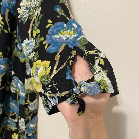 J. Jill Chinoiserie Floral Tunic Blouse 2X Crepe Asian Inspired Black Bow Sleeve - Picture 4 of 12